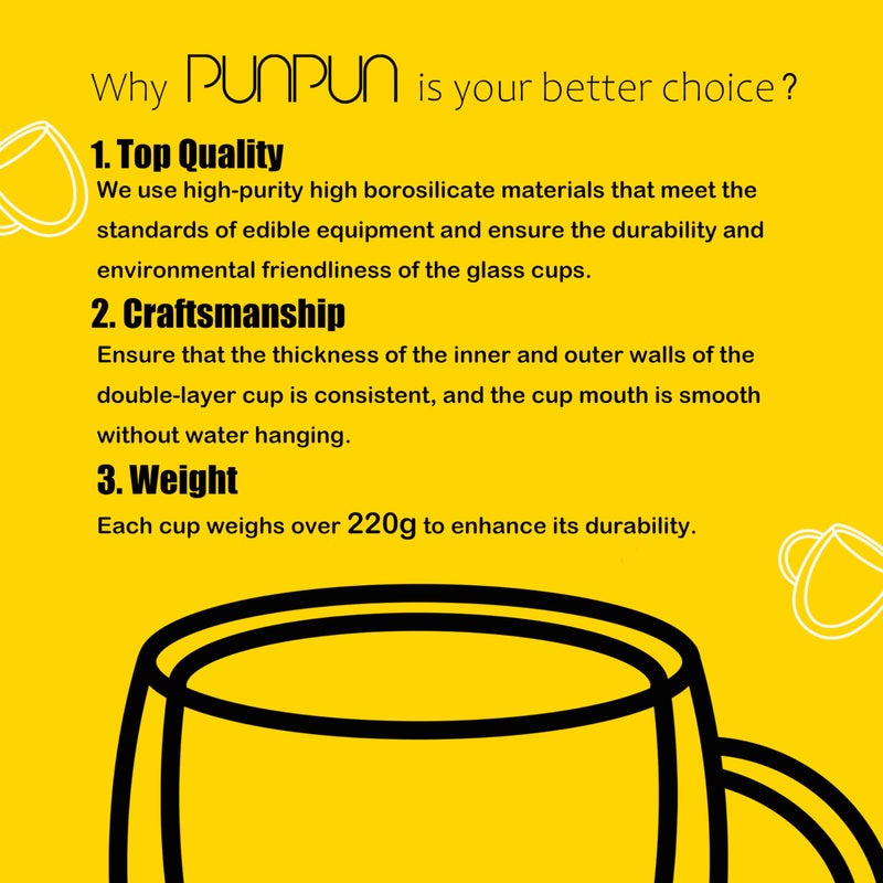 PunPun Coffee 12oz.350ml Glass Mugs Espresso Cups Coffee Glass Cups Champagne Glass Clear Drinking Cups, Tea Cups Wine Glass, Microwave Safe Borosilicate Glass Cup (12 OZ./Set of 2) - Image 5